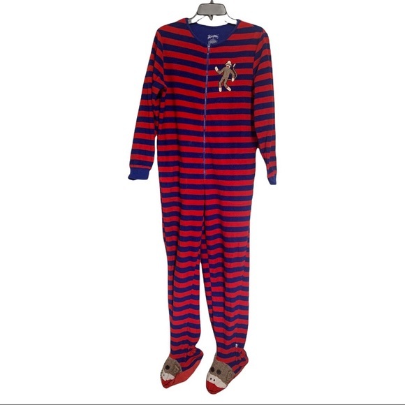 NICK & NORA Monkey Union Suit Footed Pajamas Red/Blue Striped Fleece Size Small - Picture 1 of 8